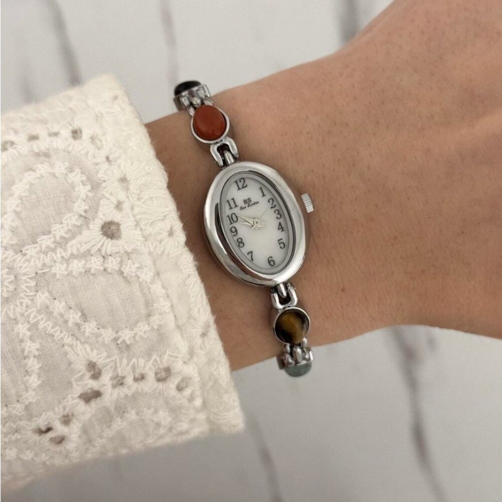 Sku0455 cute silver mini watch bracelet with multicoloured natural stone inserts
